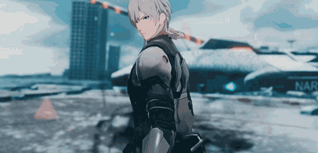 a man in armor stands in front of a building that says nar on it