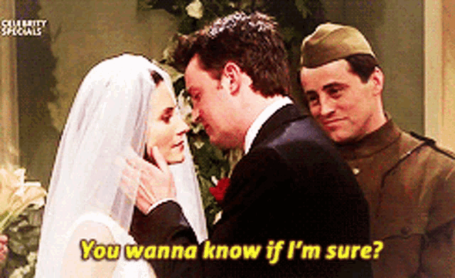 a bride and groom are kissing with the words " you wanna know if i 'm sure "
