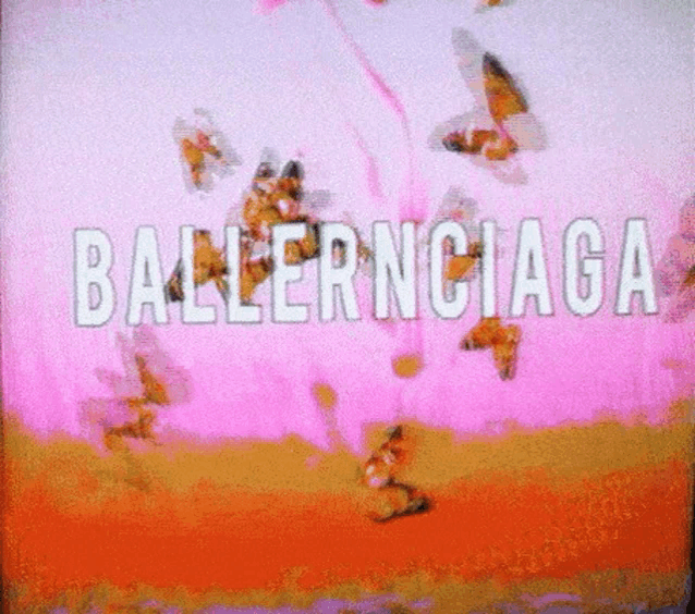 a bunch of butterflies are flying around the word balenciaga