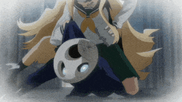 a girl with long blonde hair is holding a skull on her back