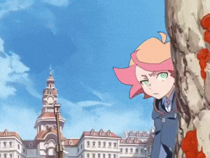 a girl with pink hair is peeking out from behind a tree