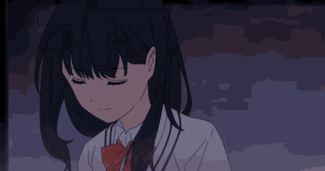 a girl with black hair and blue eyes is wearing a white shirt and a red bow tie