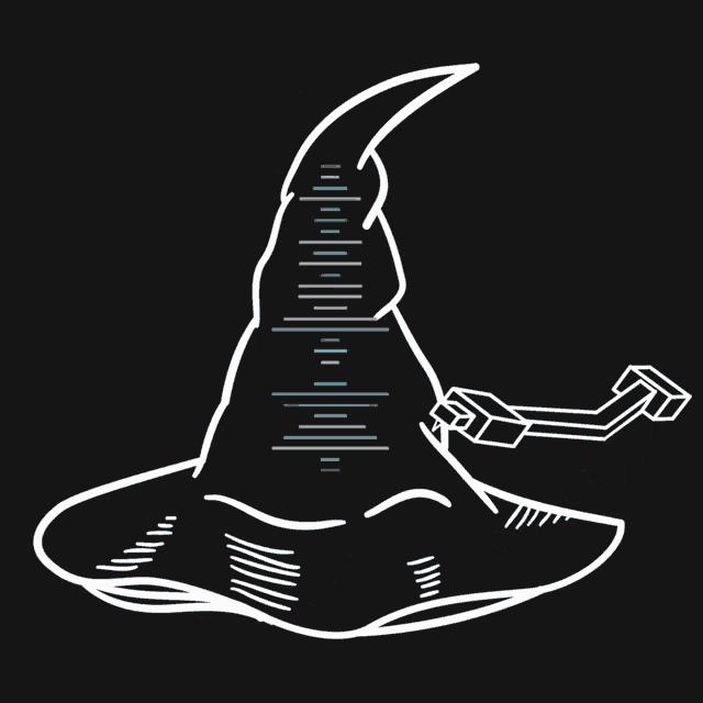a black and white drawing of a witch 's hat with blue lines on it