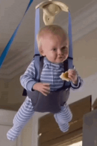 a baby is hanging from a ceiling in a bouncer and eating a piece of food .