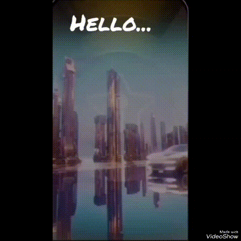 a phone screen with a city skyline and the words hello on it