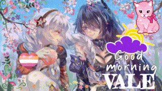 a couple of anime girls hugging each other with the words good morning vale on the bottom