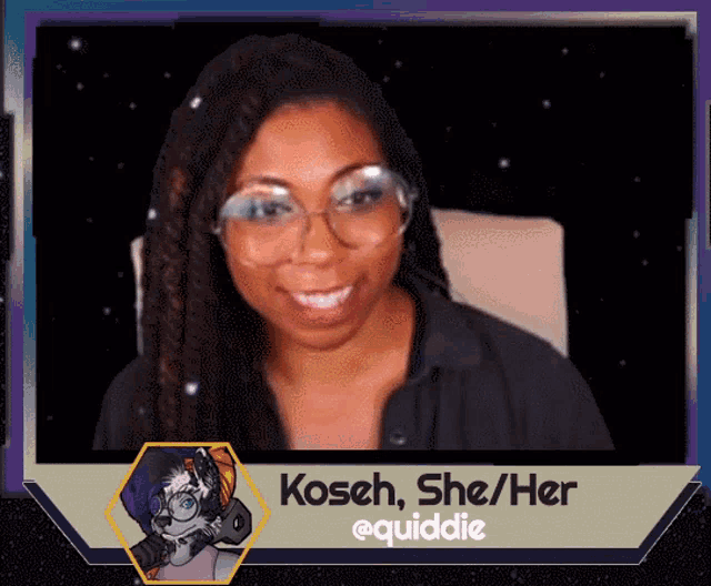 a picture of a woman with glasses and the name kosen she her