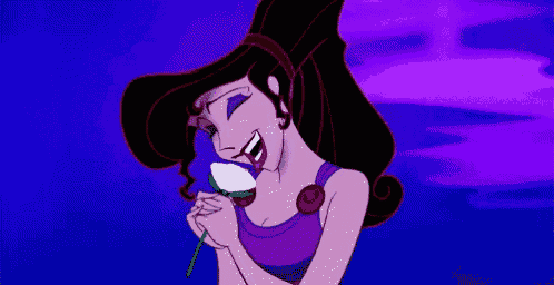 a cartoon character from hercules is holding a white flower in her hand .