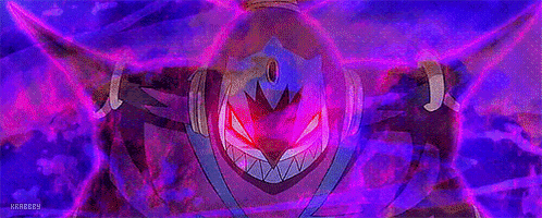 a purple and blue pokemon with red eyes is surrounded by purple smoke and a purple background .