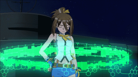 a girl in a white top and blue shorts stands in front of a green background