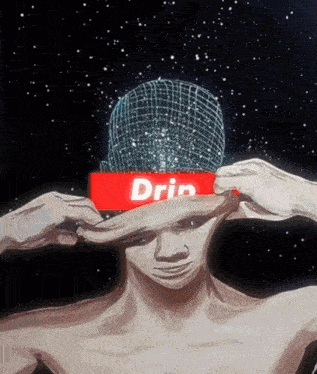a drawing of a man covering his face with a red drip sign