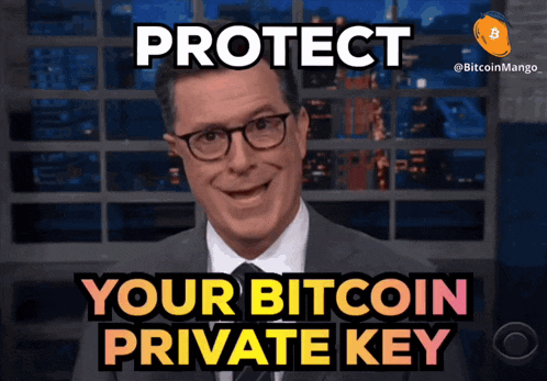 a man in a suit and tie is smiling with the words protect your bitcoin private key below him