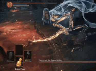 a video game called dancer of the boreal valley shows a knight fighting a monster