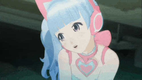a cartoon girl with blue hair and pink ears