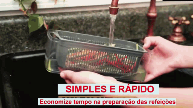 a person is washing vegetables in a sink and the words simples e rapido are on the bottom of the screen