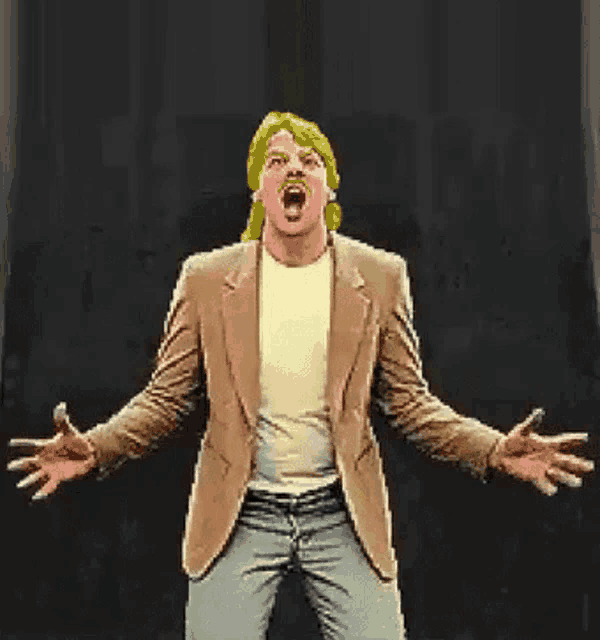 a man in a brown jacket is screaming with his mouth wide open
