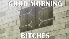 a brick wall with a wooden window and the words good morning bitches written on it .