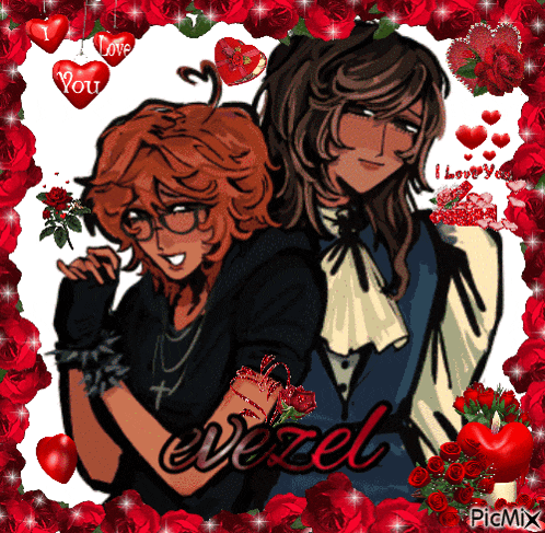 a picture of two anime characters with the name evezel on the bottom right
