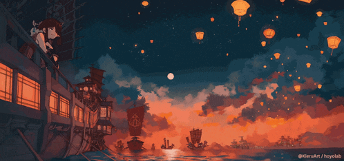 a poster for liyue pavilion with a boat in the water