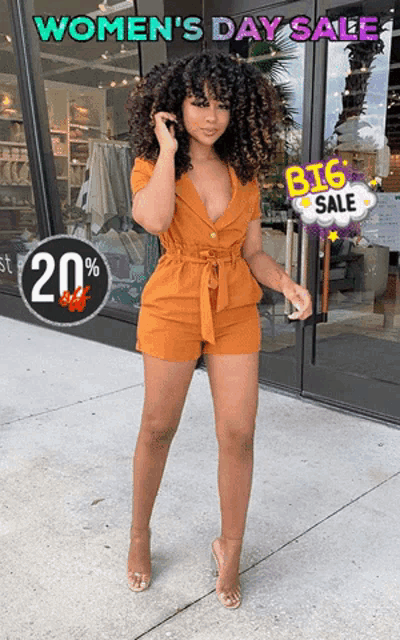 a woman is standing in front of a store with a sign that says women 's day sale