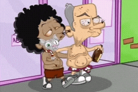 a cartoon of a man holding a cat and another man holding a bottle of beer