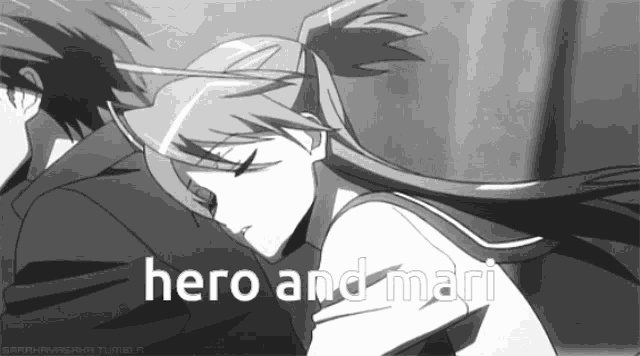 a black and white drawing of a girl and a boy with the words hero and mari above them