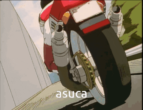 a cartoon of a person riding a motorcycle with the word asuca written on the bottom