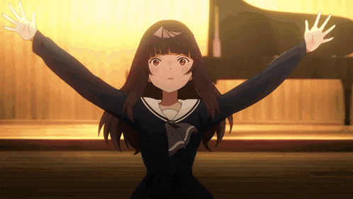 a girl with her arms outstretched is standing in front of a piano