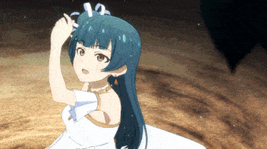 a girl with blue hair is wearing a white dress and gold necklace