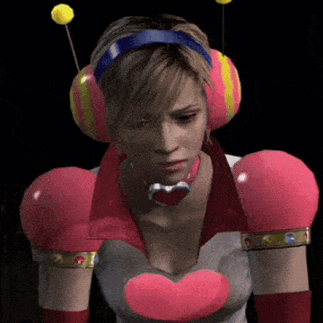 a woman with a heart on her chest is wearing boxing gloves and headphones