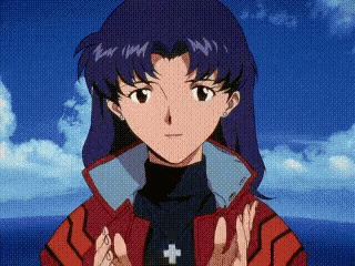 a girl with purple hair and a cross on her shirt