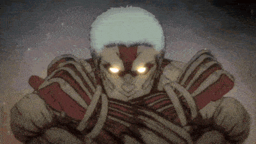 a close up of a cartoon character with glowing eyes and a white head .