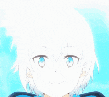 a boy with white hair and blue eyes is smiling