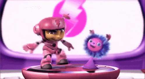a cartoon character in a pink suit is standing next to a purple flower .