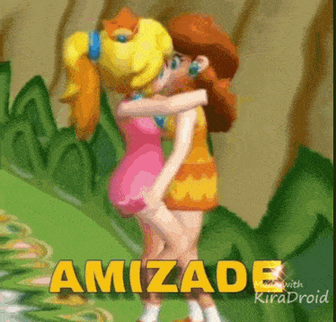 a couple of cartoon characters hugging each other with the word amizade in the corner