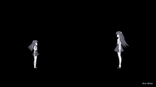 two anime girls standing next to each other in the dark .