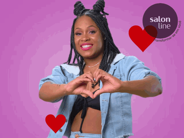 a woman making a heart shape with her hands in front of a purple circle that says salon line