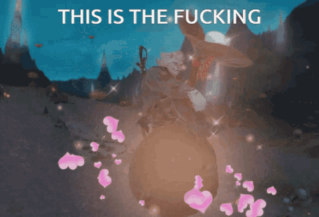 a video game character is surrounded by pink hearts and the words " this is the fucking " above him