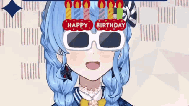 a girl with blue hair is wearing sunglasses and a happy birthday sign above her head