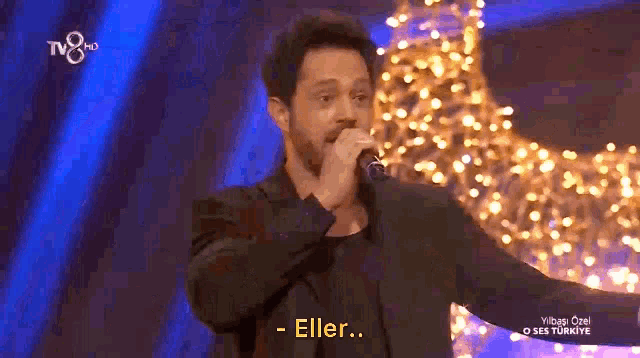 a man singing into a microphone in front of a christmas tree with the words " eller " on the bottom