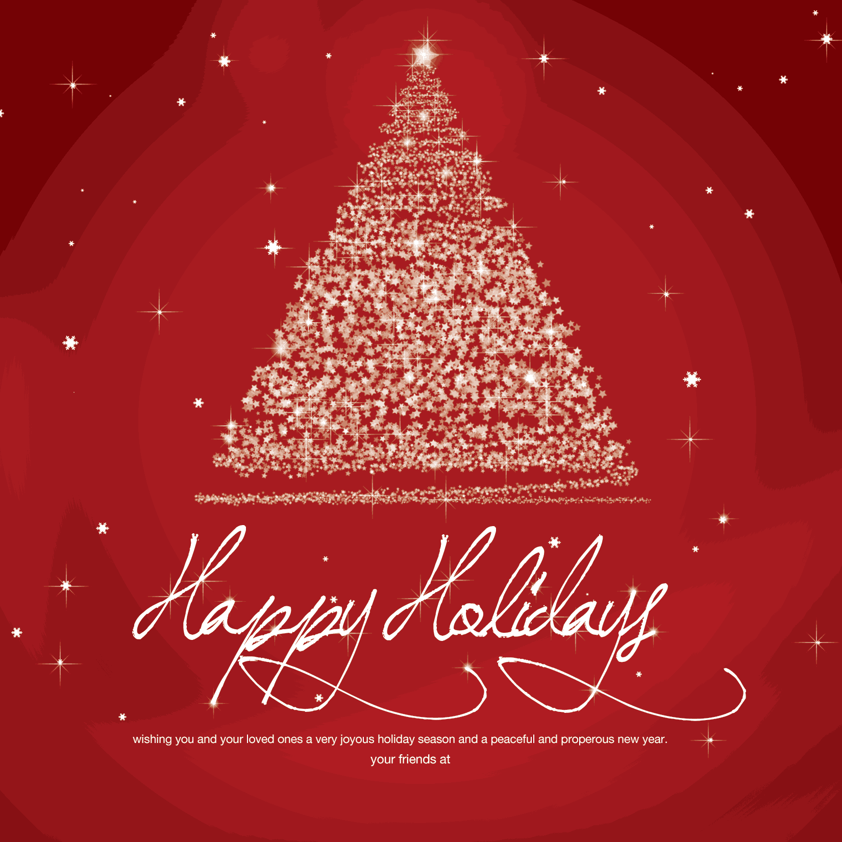 a red christmas card with a christmas tree and the words happy holidays