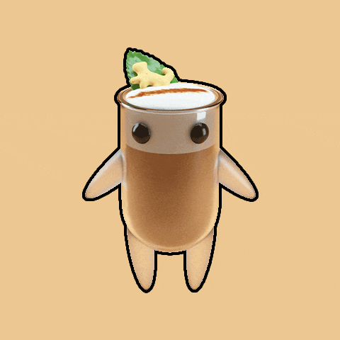 a cartoon drawing of a cup of coffee with a gingerbread man on top