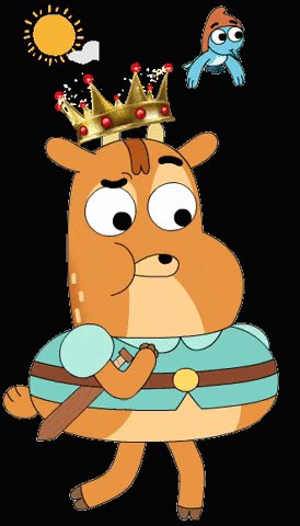 a cartoon deer wearing a crown and a blue bird