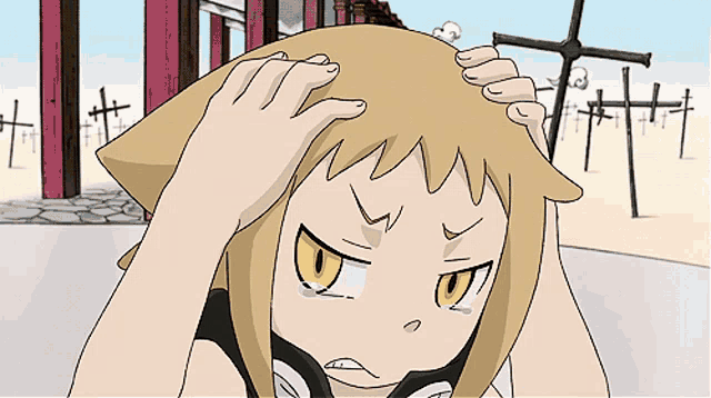 a cartoon girl with yellow eyes is holding her head in front of a cemetery