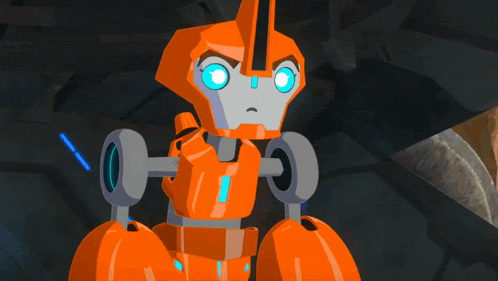 an orange robot with blue eyes is standing in a dark cave