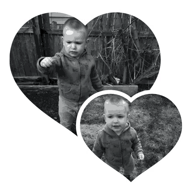 two little boys are standing next to each other in a heart shape