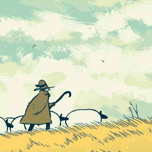 a cartoon drawing of a shepherd standing in a field