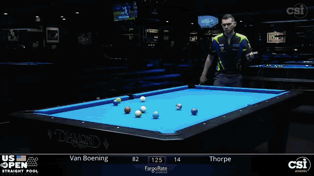 a man is playing pool on a blue diamond pool table