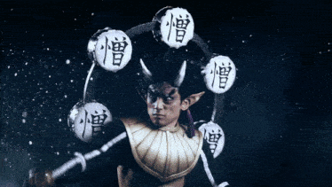 a man in a costume with chinese symbols around him
