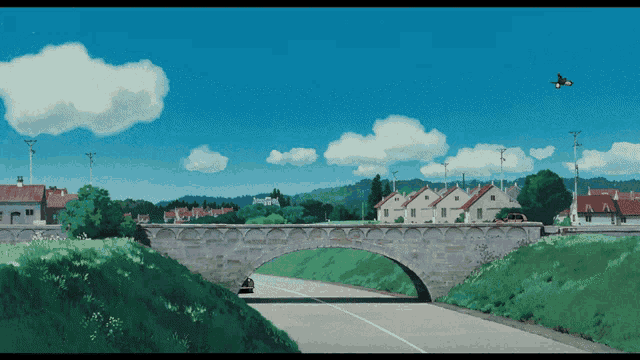 a car is driving under a bridge in a cartoon scene